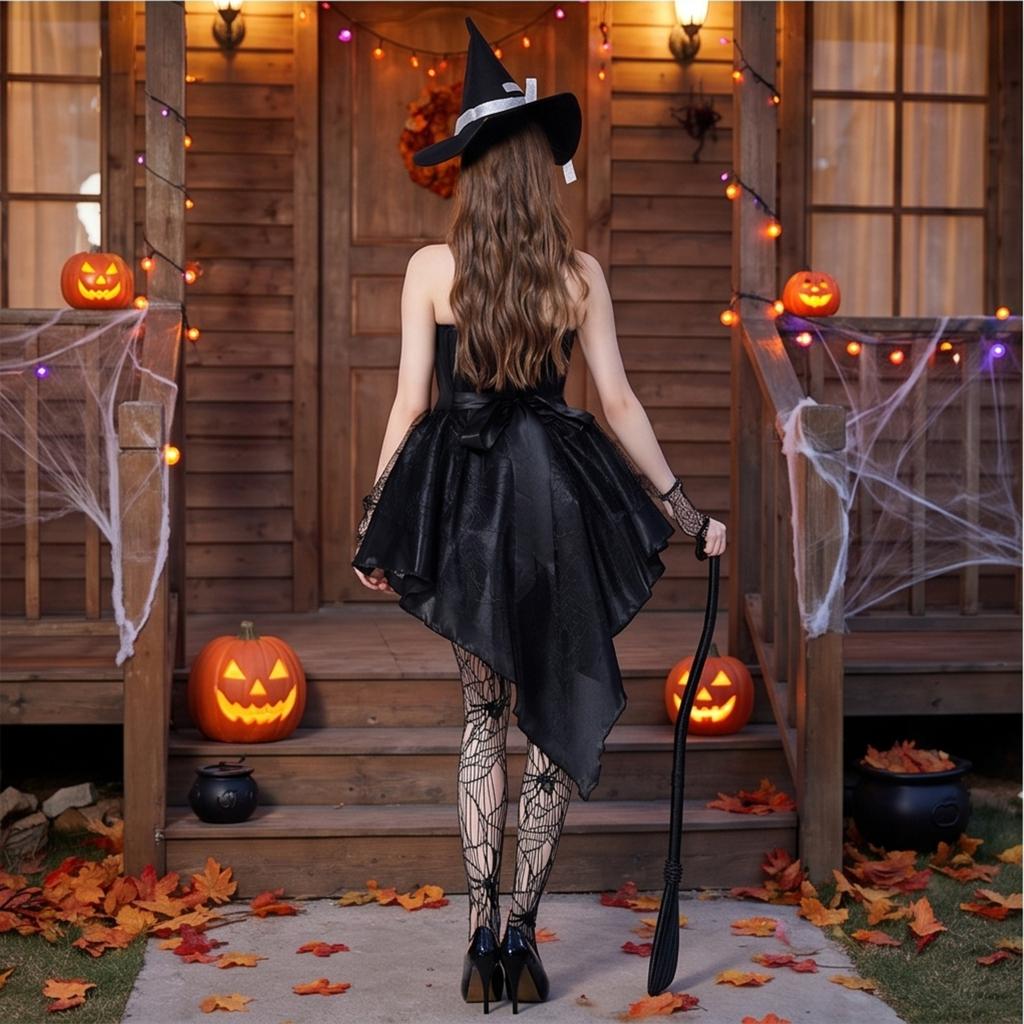 Women's Halloween Witch Costume Spaghetti Strap Dress with Hat and Bracelet Set