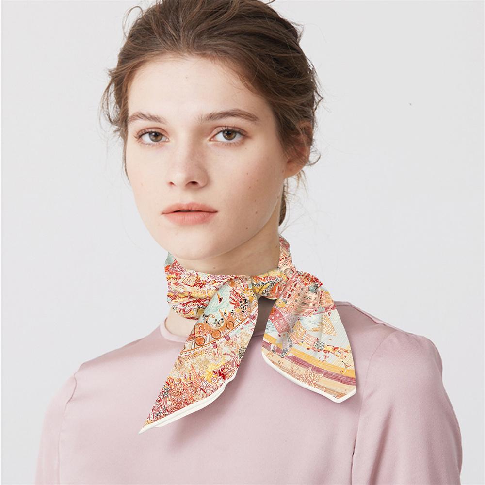 Twill Silk Scarf Women Fashion Printed Square Scarves Wraps Bandana Small Hijabs Silk Foulards Tie Headband 53CM