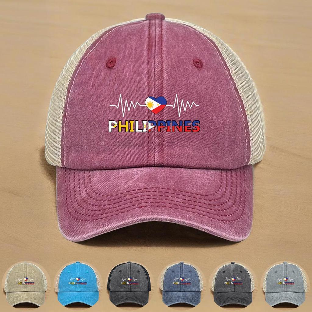 Heart Waves Philippine Flag Print Adjustable Mesh Cap, Patriotic Flat Cap Stylish Vintage-Inspired Polyester Slouchy Snapback Sun Hat