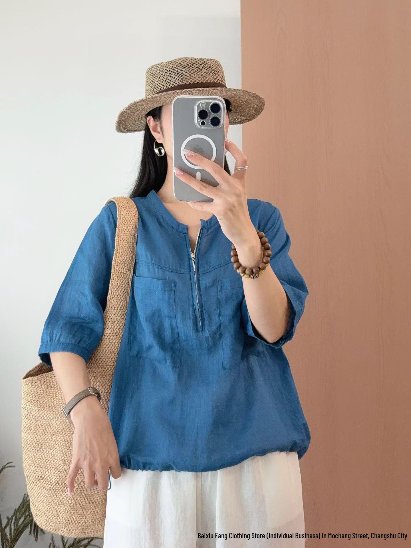 2026 Summer Retro Linen Short-Sleeve Top: Loose, Slimming, Half-Zip, Round Neck One Size