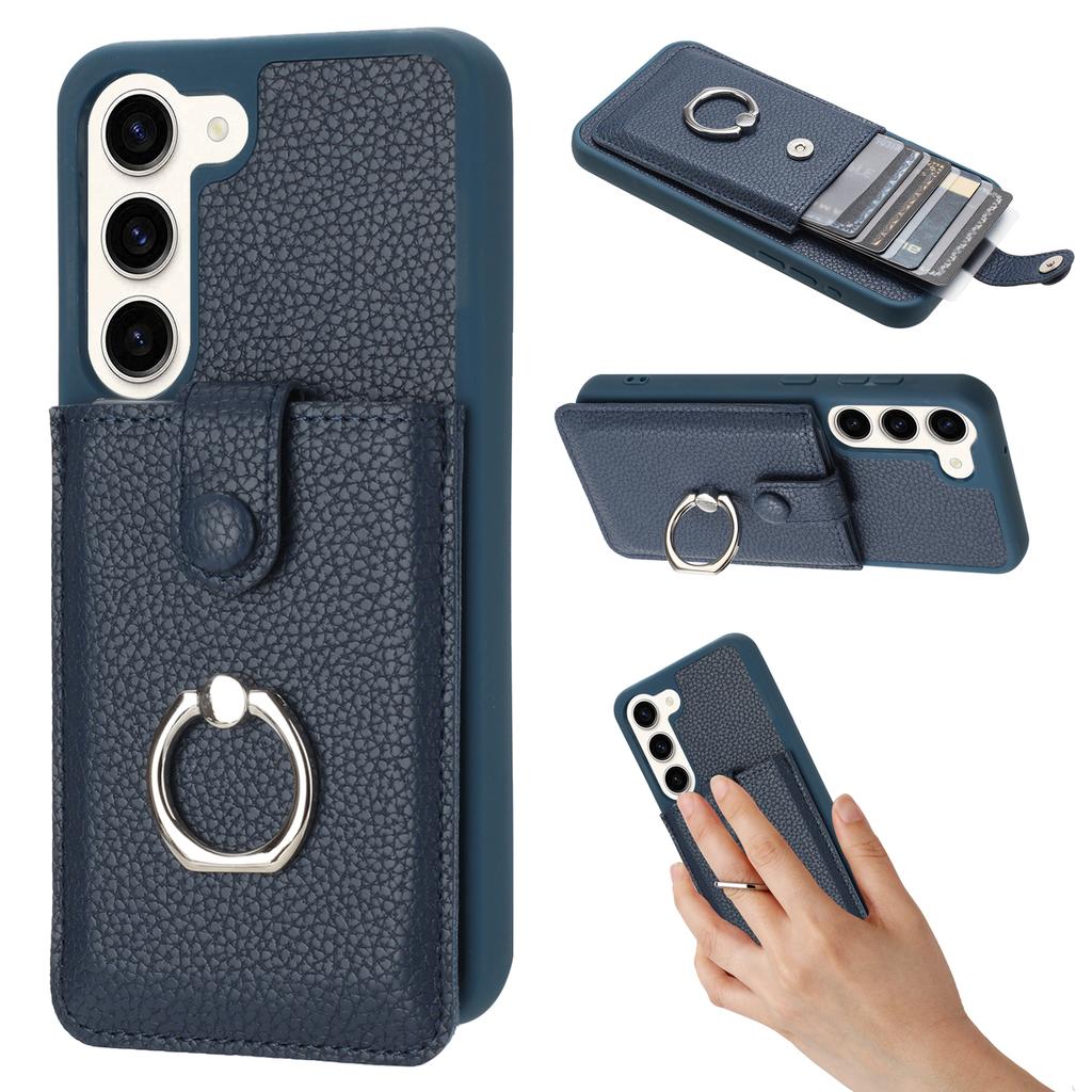 For Samsung Galaxy S23 Case Drawing Type Card Slots Litchi Texture Leather Back Cover with Ring Kickstand