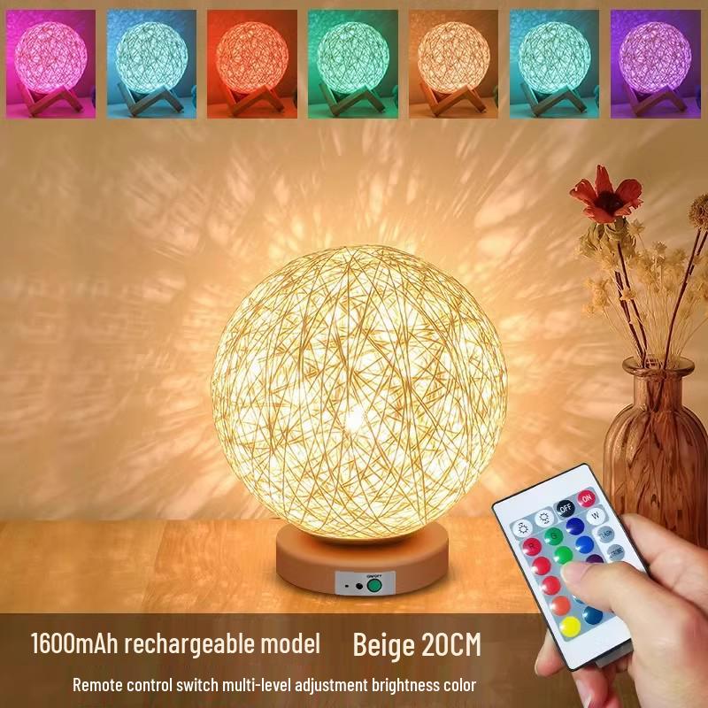 Kreative Rattan-Kugel-Tischlampe: Schlafzimmer Nachttischlampe mit Sternenhimmel-Projektion für Kinder oder Mädchen