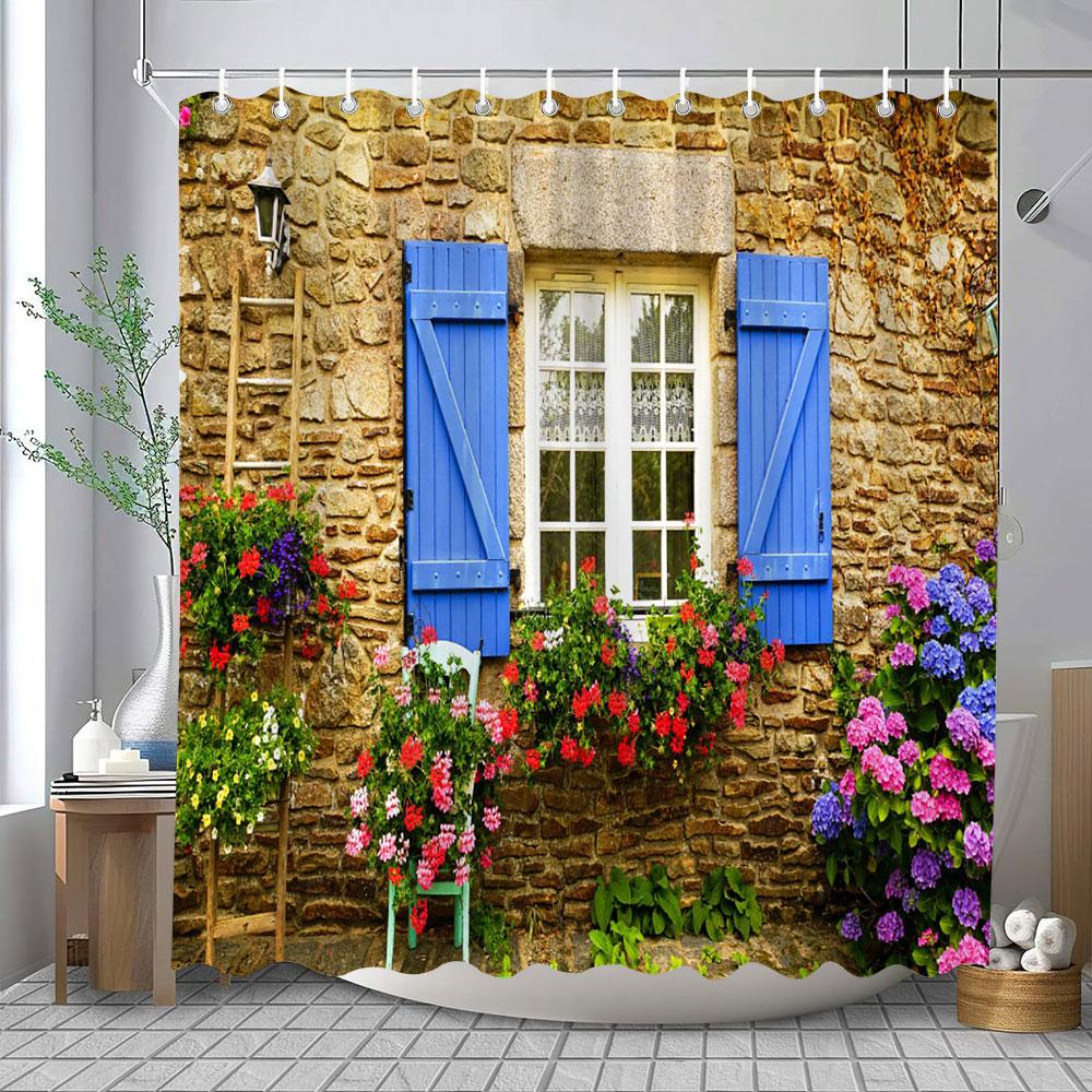 

Full Of Flowers European Window Wall Shower Curtain Natural Scenery Outdoor Garden Poster Polyester Bath Curtains Bathroom Decor W60H190(CM)-1 Pcs