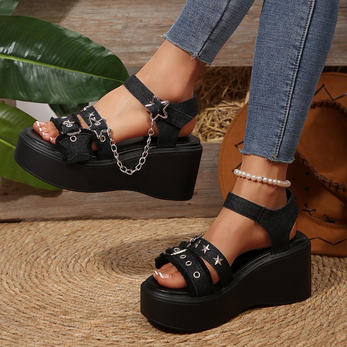 

Модные панк-платформенные женские сандалии 2025 года Новые сандалии на массивной платформе Готическая цепочка Уличные летние женские туфли Удобные роскошные сандалии 42 чёрный