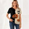 Women Casual V Neck Short Sleeve Button Front T Shirt Halloween Pumpkin Bat Print Split Design Top