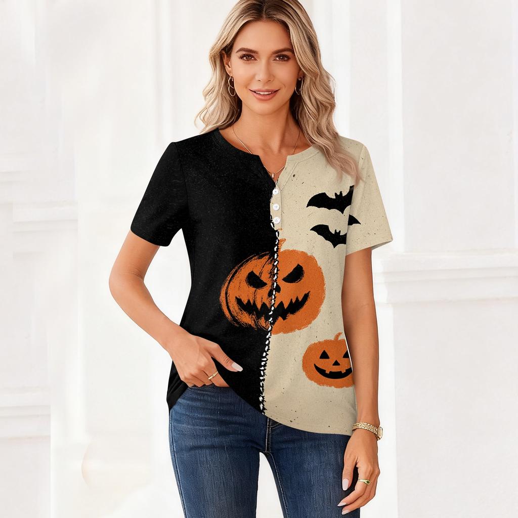 Women Casual V Neck Short Sleeve Button Front T Shirt Halloween Pumpkin Bat Print Split Design Top