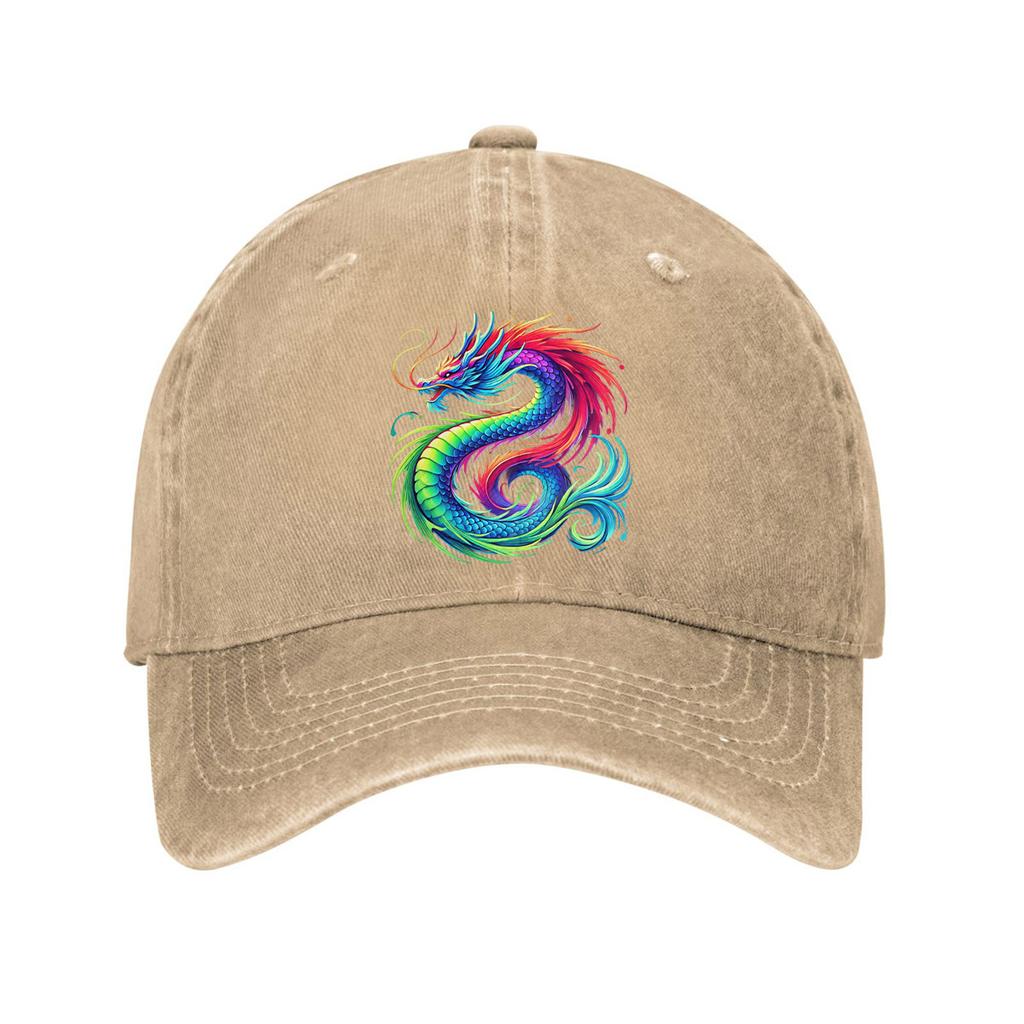 Rainbow Dragon Print Washed Denim Baseball Cap Adjustable Casual Dad Hat Unisex