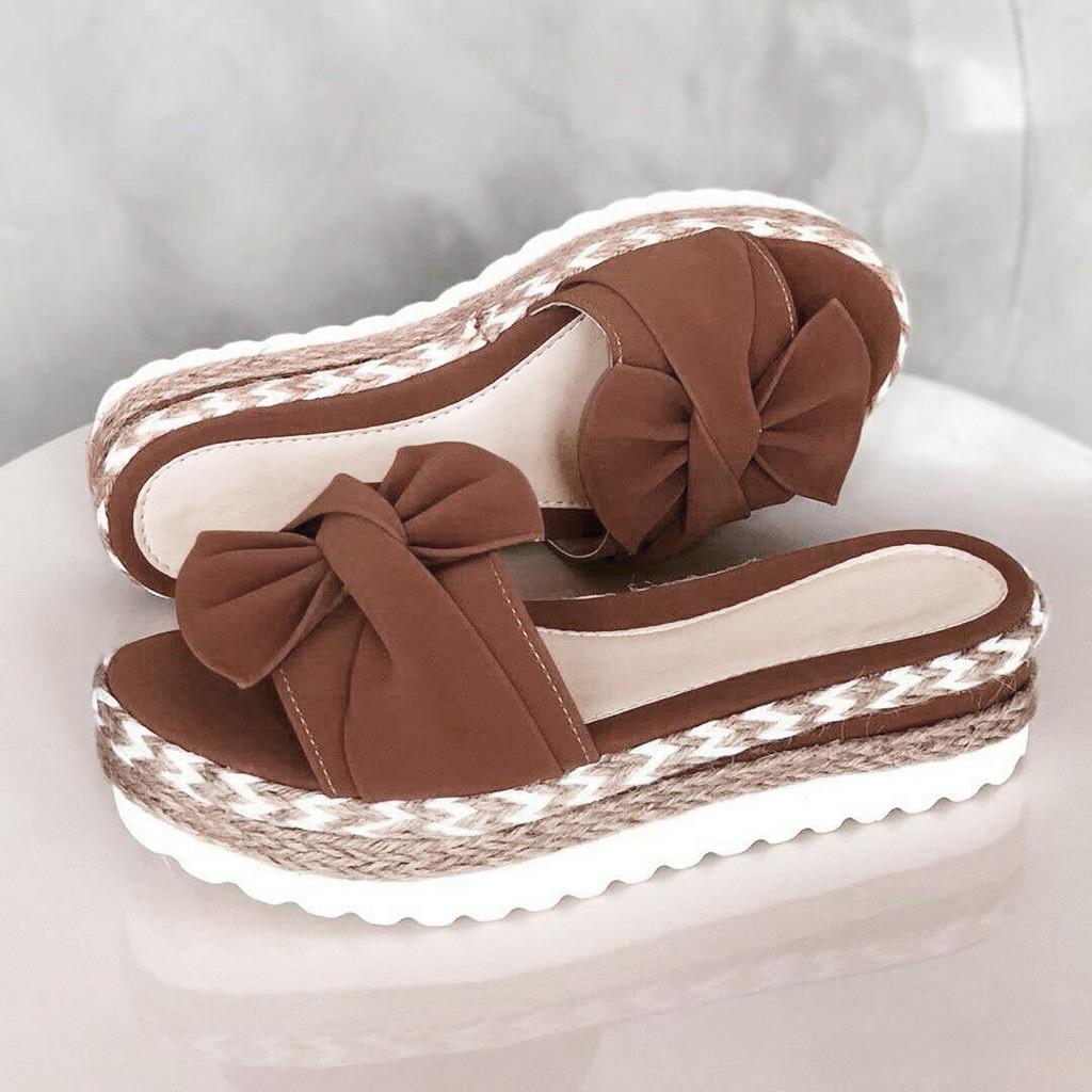 Women's Summer Slip-On Bow Flat Beach Open Toe Breathable Sandals Weave Shoes