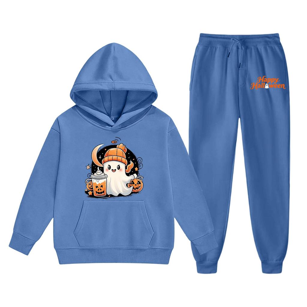 Kids Halloween Hoodie Set Ghost Print Pullover Sweatshirt and Pants Outfit Soft Comfortable Fabric Suitable for Fall and Winter Wear