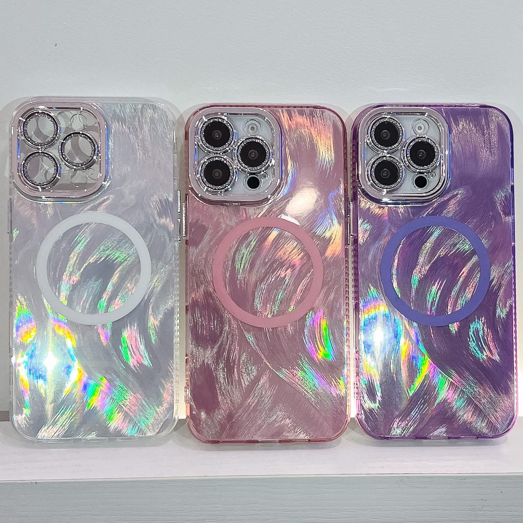 Feather Pattern Suitable for IPhone16promax Magnetic Phone Case Apple 15 with Electroplated Flash Powder Lens Film