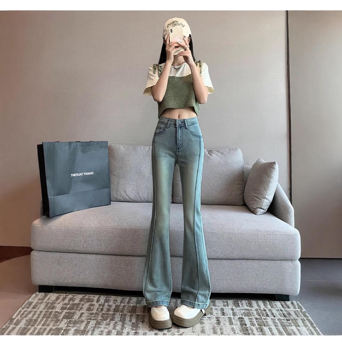 

Women s American Patchwork High-Waist Flare Jeans - Versatile, Slimming, Stretchy, Micro-Flare, Long, Floor-Sweeping Pants S
