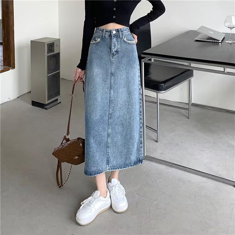 2025 Women's Retro Frayed Denim Midi Skirt: Korean Style Summer Trend