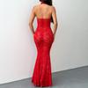 Women's Sexy Solid Color Halter Neck Hollow Out Sheer Lace Slim Fit Mermaid Maxi Evening Party Dress