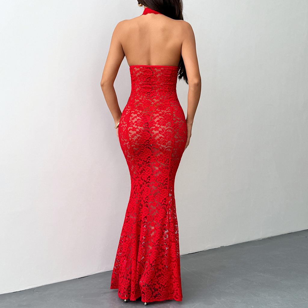Women's Sexy Solid Color Halter Neck Hollow Out Sheer Lace Slim Fit Mermaid Maxi Evening Party Dress