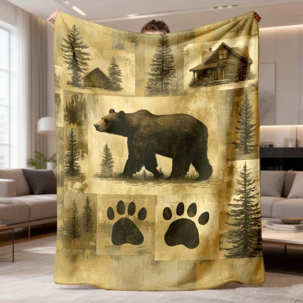 2026 New Flannel Blanket 1pc Comfortable Rustic Bear & Cabin Patchwork Throw - Soft, Warm & Plush for Sofa, Bed, Office & Camping - Year-Round Comfort