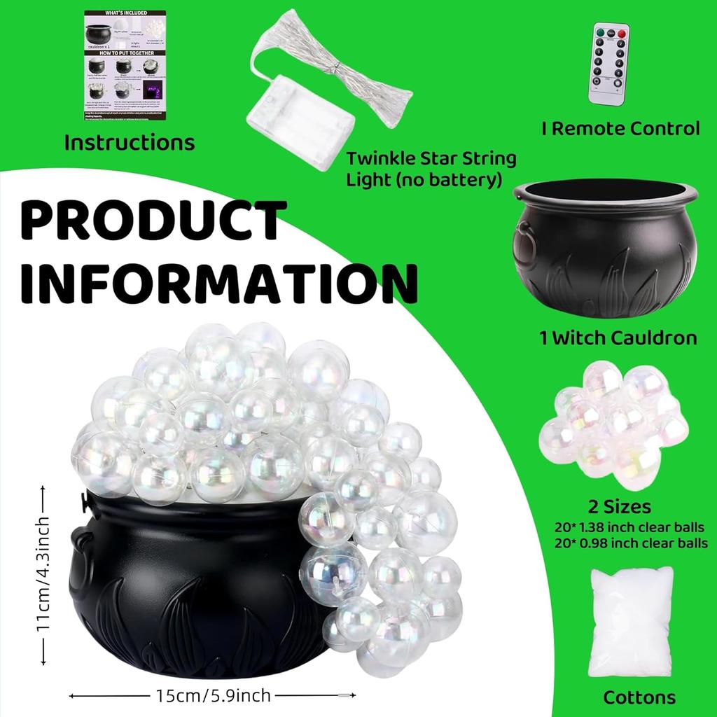 Halloween Decorations - DIY Large Witches Cauldron with Lights - Black Plastic Candy Bowl Decor, Spooky Vintage Halloween Decor for Home Kitchen Room