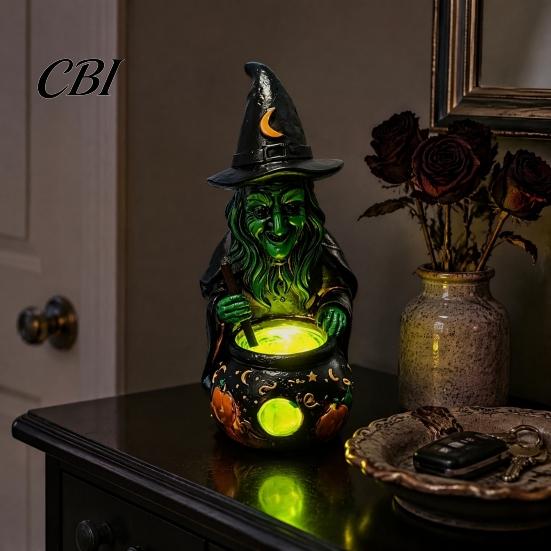 Indoor Outdoor Halloween Ornaments Witch Cauldron Lamp Figurine, Resin Scary Witches Lighted-Up Lighted Statue Cauldron, Festival Supplies Shelf