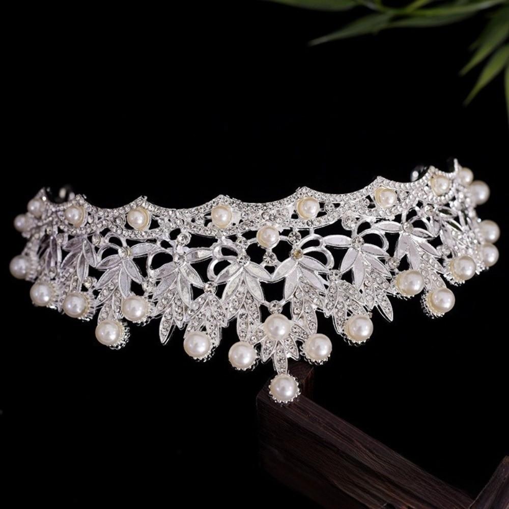 Silver Rhinestone Tiara Gold Pearl Tiaras Temperament Bride Crown  Princess