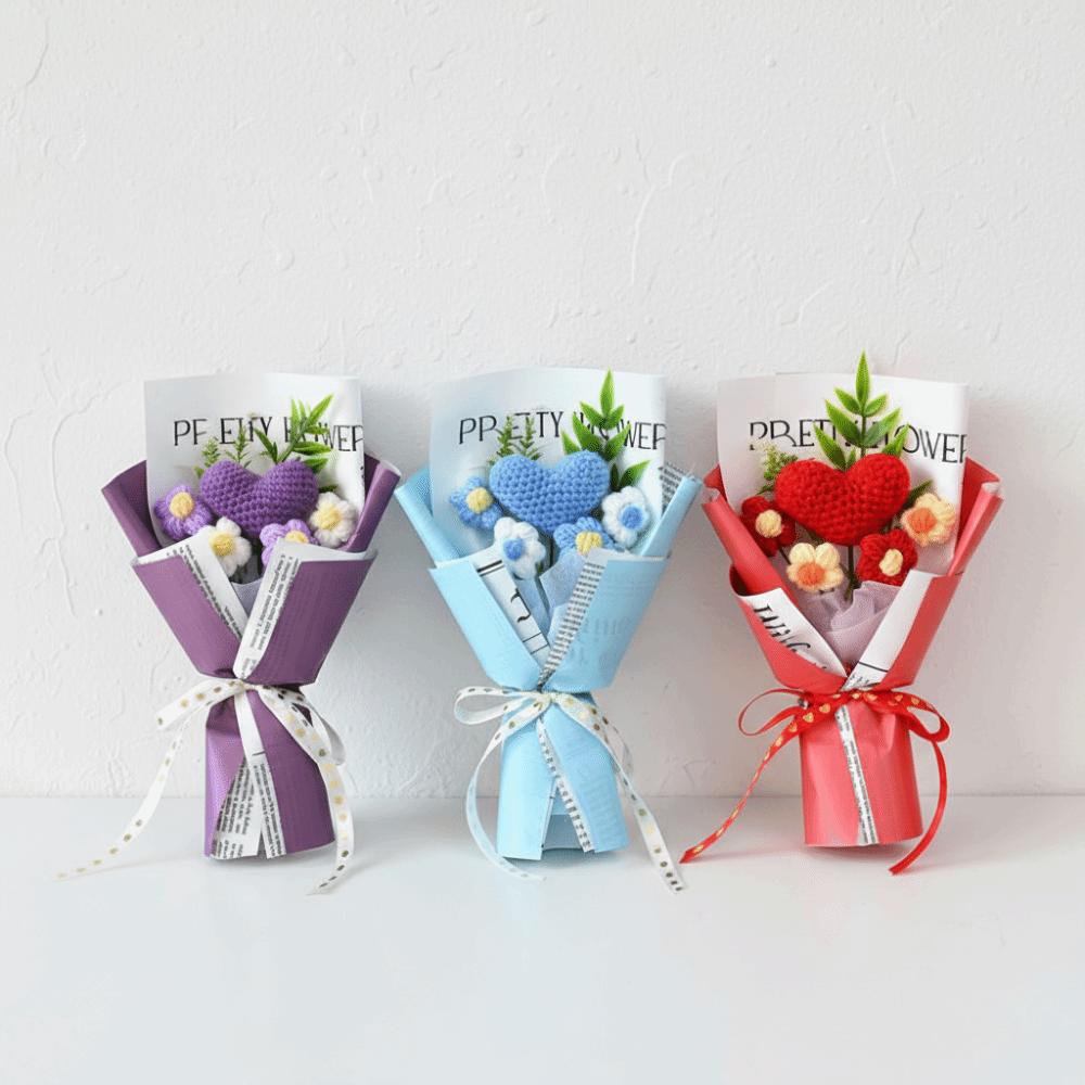 Knited Heart Artificial Flower Crochet Bouquet Valentine's Day Wedding Guest Gift Eternal Flowers Home Decoration