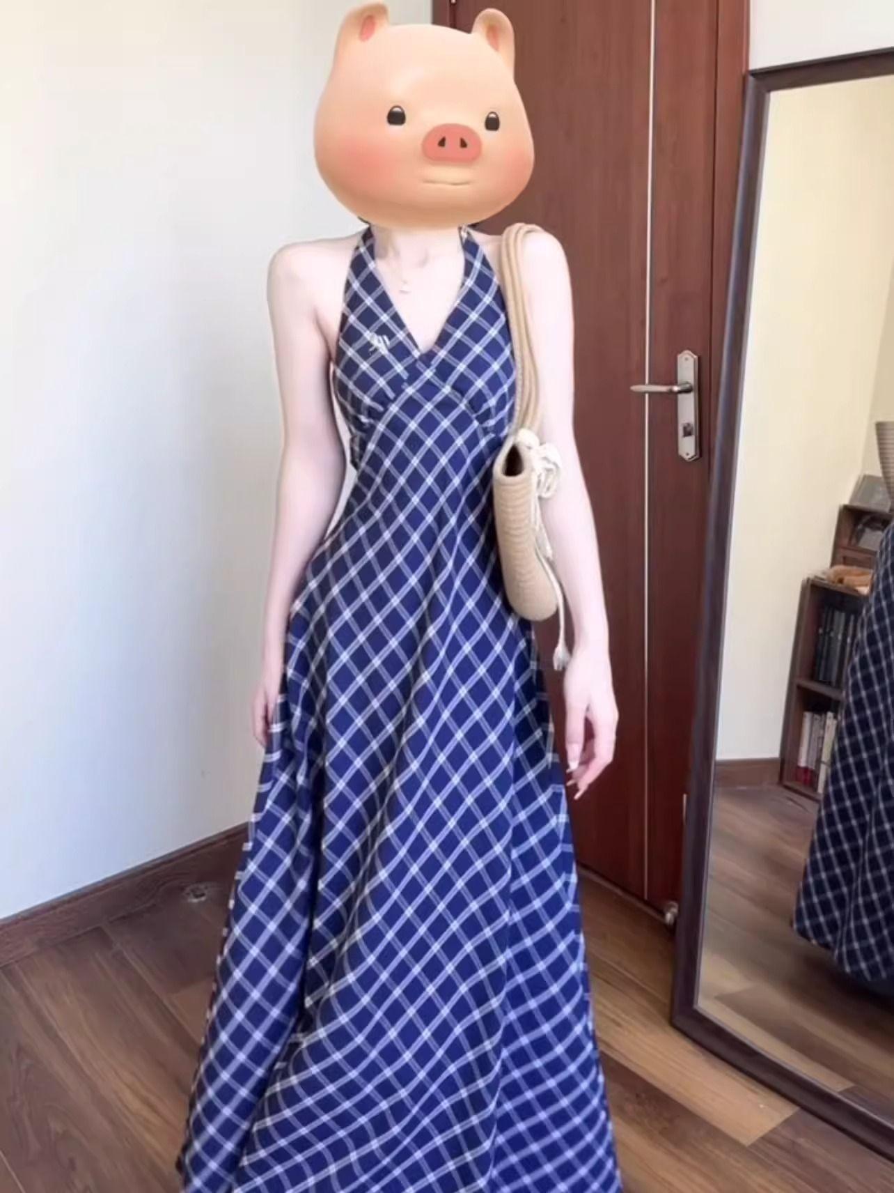 Retro plaid neck dress for women s summer spice girls vacation style waist and thin temperament suspender long dress S синий