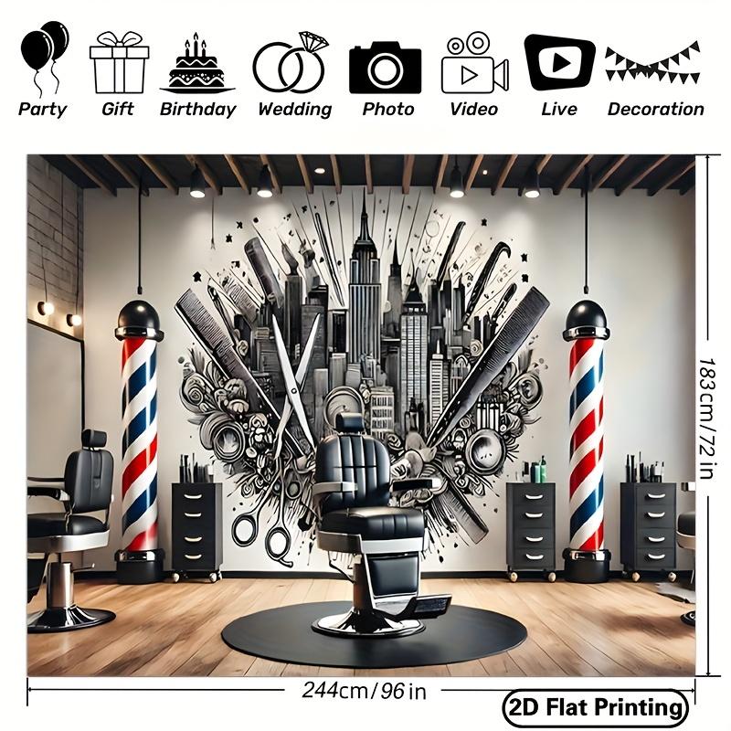 Stendardo piatto 2D, 1 pezzo di tessuto di sfondo in poliestere per un negozio di barbiere - squisito design con bastone da barbiere e paesaggio urbano