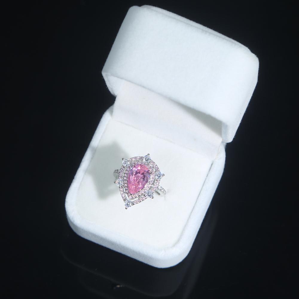 2022 Iced Out Bling pink Girl Micro Pave Cz Double Layer White pink Drop Water Shape Diamond Women Ring