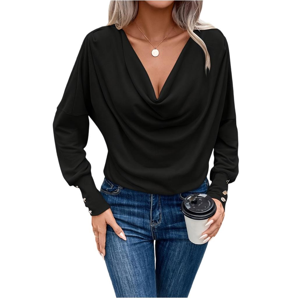 Women's Fashion Solid Color V-neck Long Sleeved Casual Pullover Base Shirt T-shirt Top