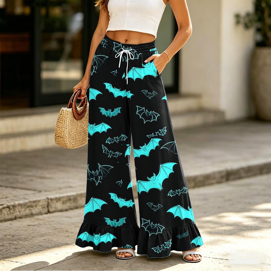 Women's Wide Leg Pants with Pockets High Waist Drawstring Floral Print Loose Casual Long Trousers Ruffled Hem