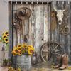 Western Farmhouse Shower Curtain fo Bathroom, Barn Door Rustic Southwestern Cow Skull Floral Bath Curtains Set, Polyester Fabric