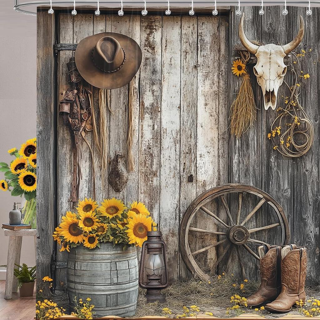 Western Farmhouse Shower Curtain fo Bathroom, Barn Door Rustic Southwestern Cow Skull Floral Bath Curtains Set, Polyester Fabric