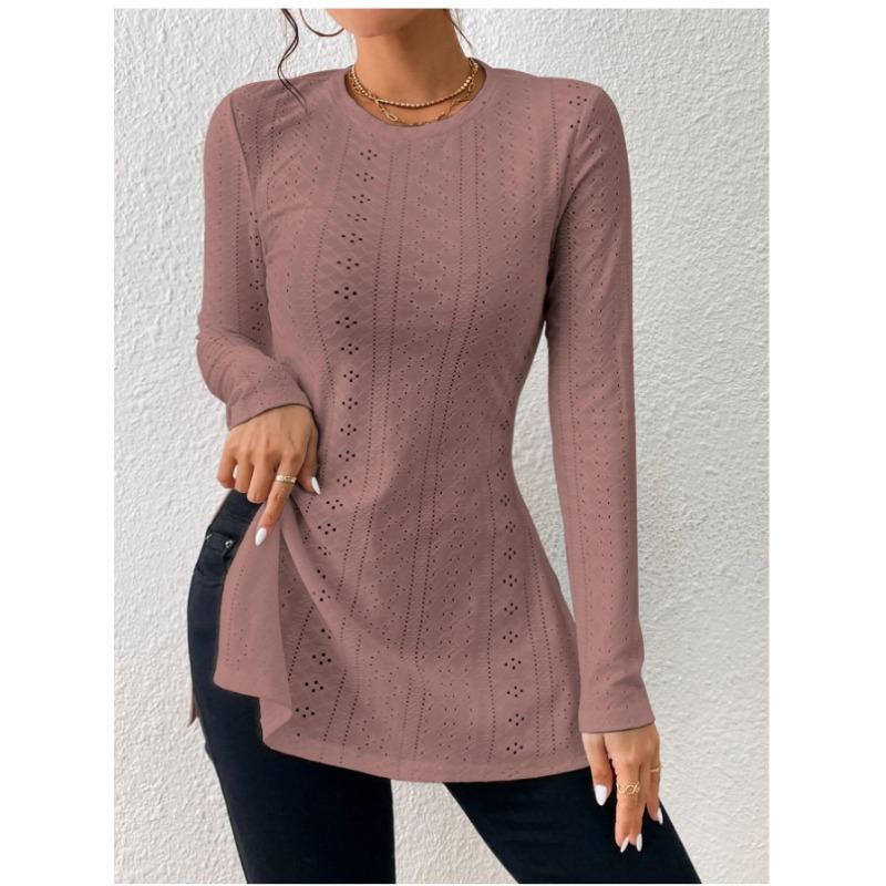 Blusa Lunga da Donna Jacquard Pizzo Spacco Casual Primavera Manica Lunga Slim Fit Camicie Monocolore Girocollo Elegante Moda Casual Ufficio Top Semplici Lavorazione a Rete