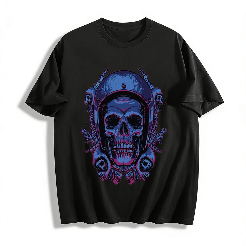Skull Biker Style Graphic Print Edgy Casual T-Shirt Pure cotton T-shirt