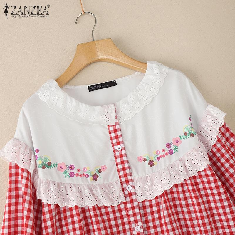 ZANZEA Women Lace Patchwork Casual Long Sleeve Grid Print Blouse
