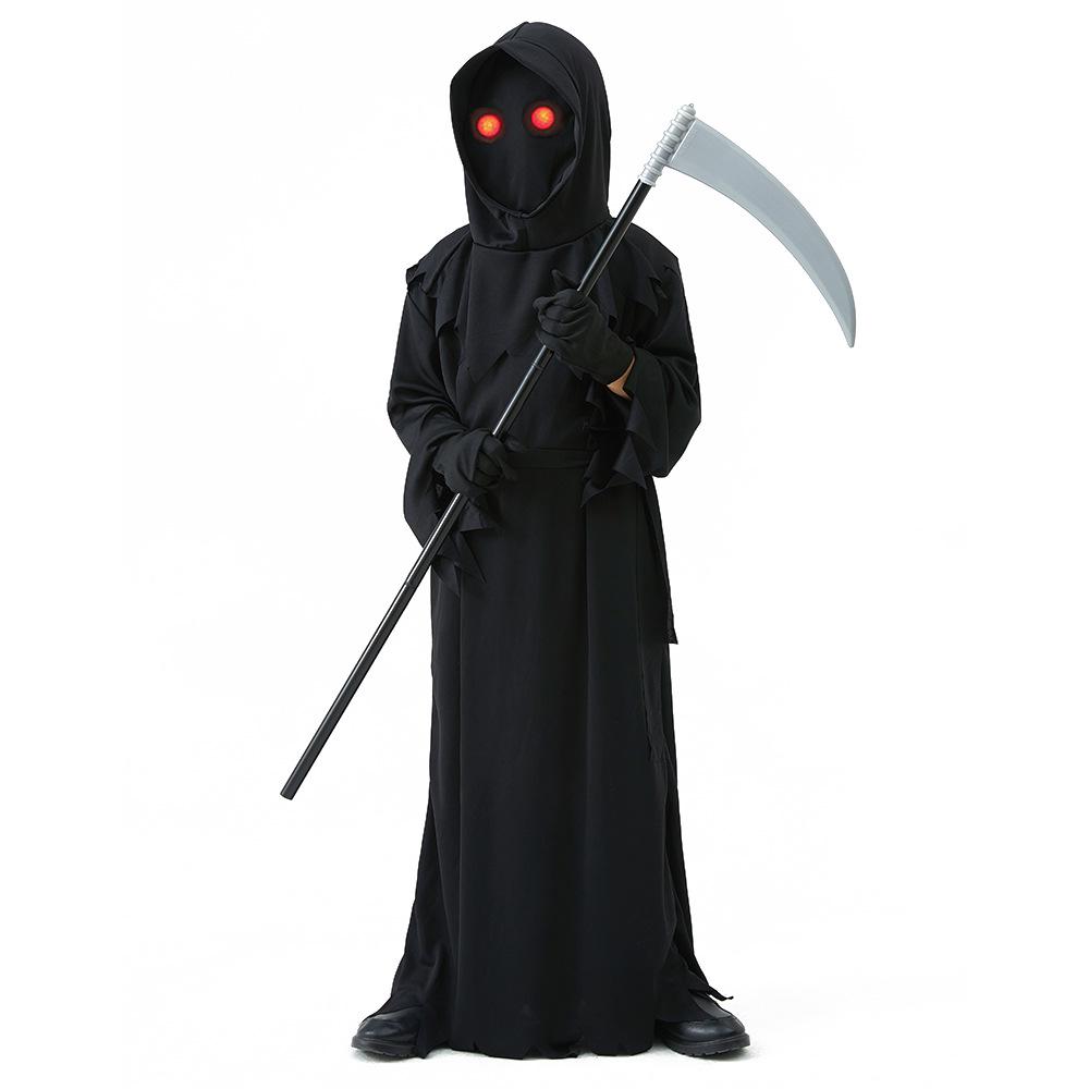 Children's Halloween Grim Reaper Costume with Red Light Eyes and Scythe