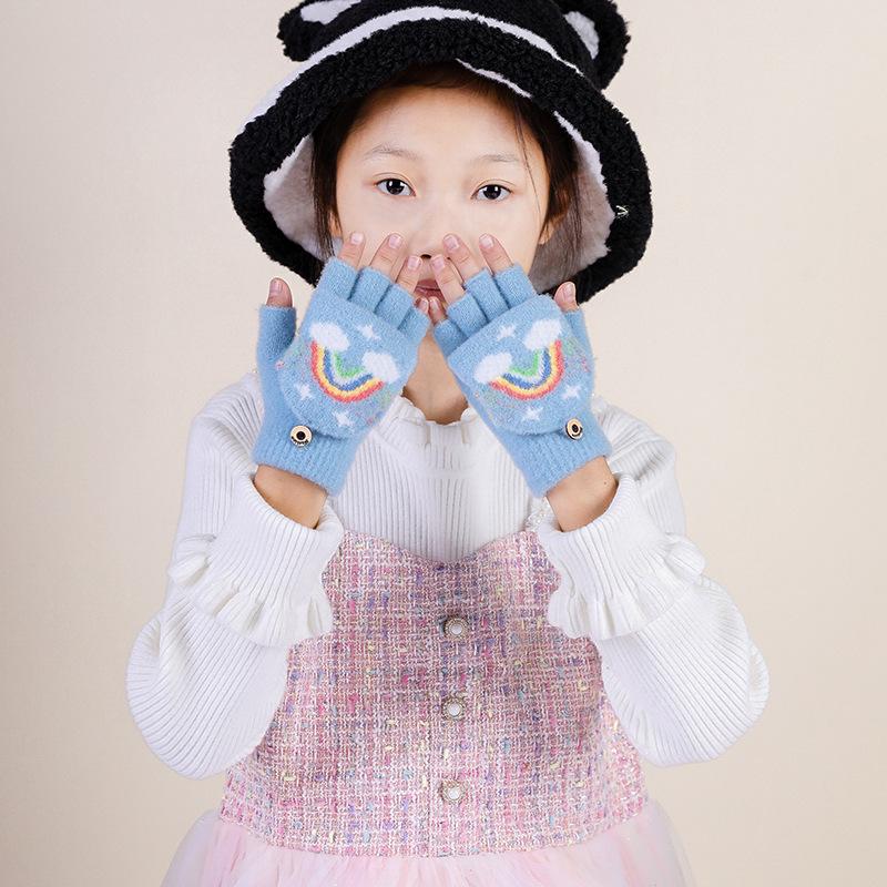 

Children s Winter Cartoon Rabbit Flip-Top Gloves: Thick Knit, Half-Finger Design, Boys and Girls Warm Woolen Mittens.