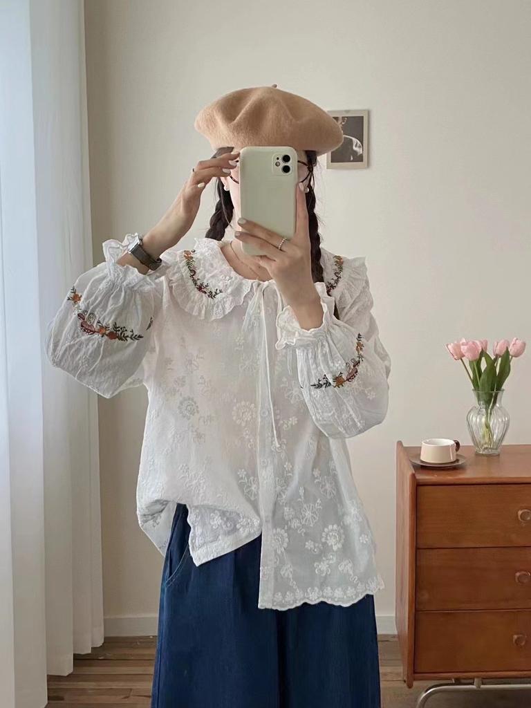 Johnature Embroidery Lace Doll Collar Shirt Women Spring Autumn Loose Casual Tie Tops