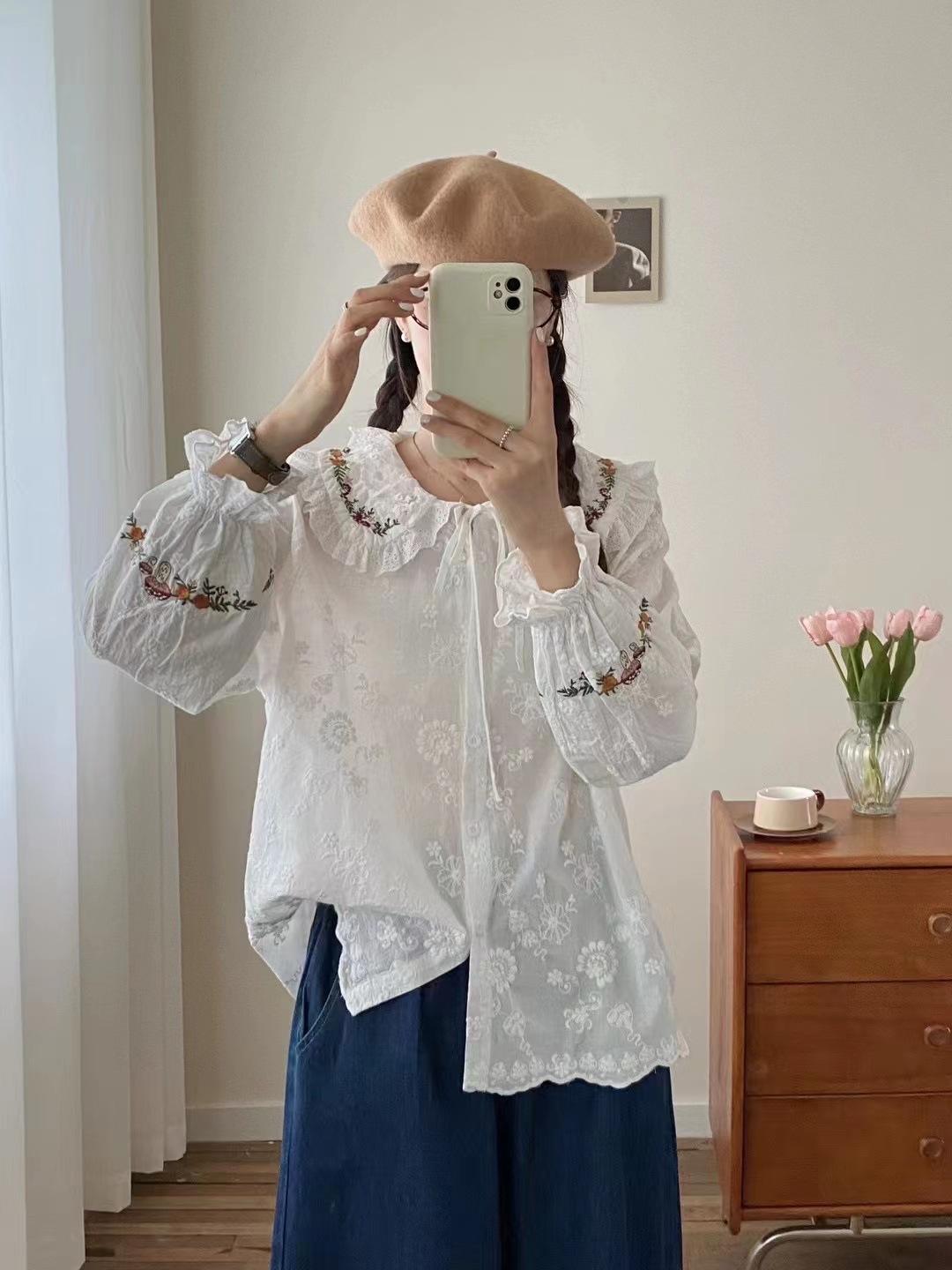 

Johnature вышитый кружевной воротник рубашка женская весна осень свободные повседневные топы с завязками One Size белый