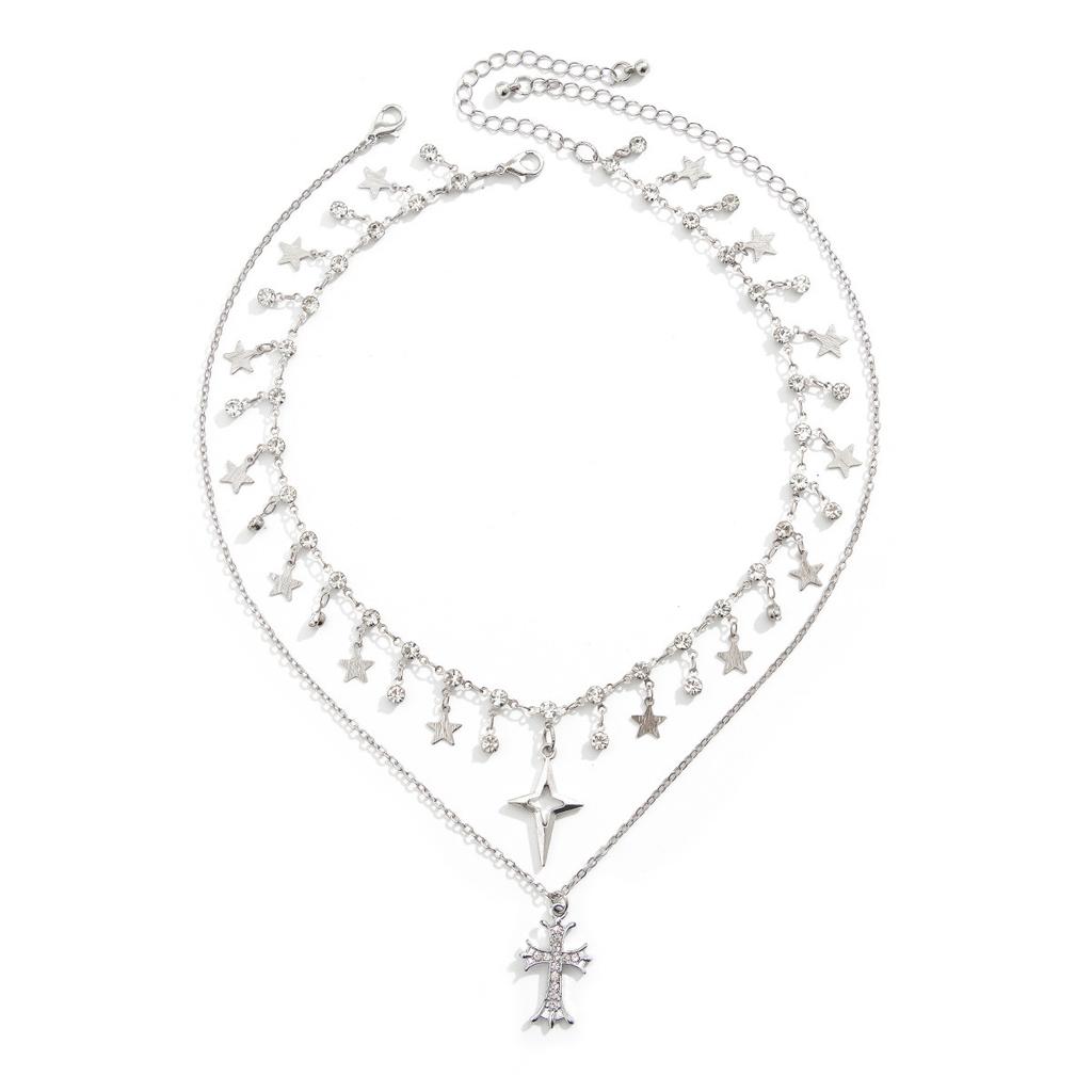 Sweet And Cool Short Cross Star Collarbone Choker Dark Goth Rhinestone Tassel Necklace Women