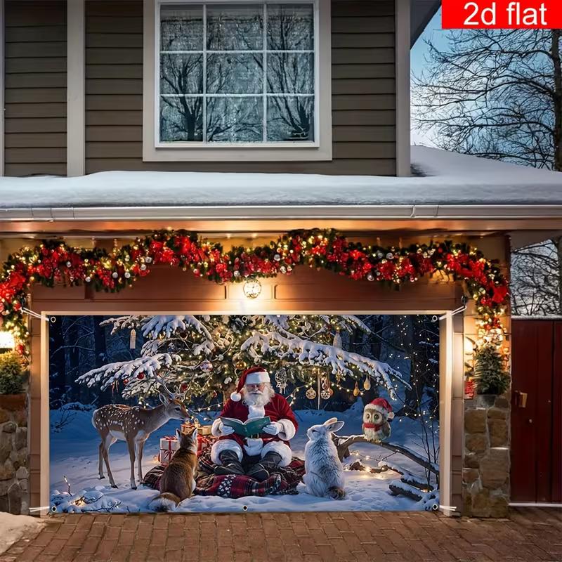 2D Flat Christmas Garage Door Cloth, Santa Reading To Cute Animals In Snowy Forest Scene Backdrop
