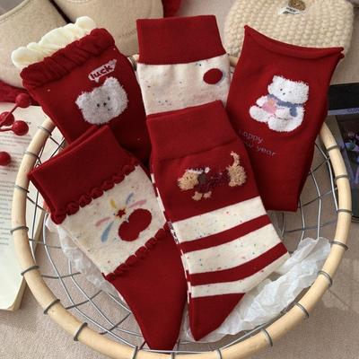 Super Cute Big Red Socks Women'S Season Pure Cotton Mid-Leg Socks Cartoon Polka Dot Puppy Korean Pile Socks