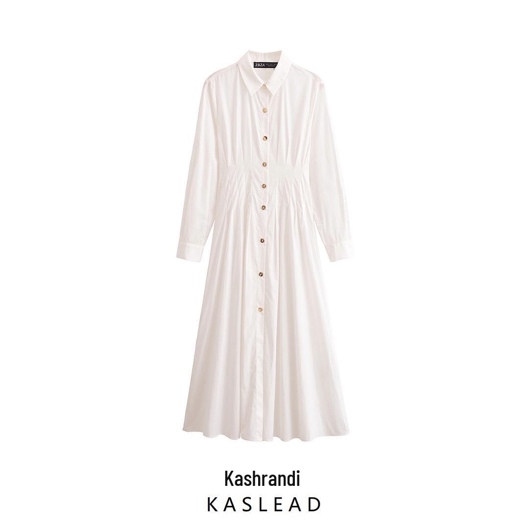 

2025 Spring Women s European Style Turn-Down Collar Long Sleeve Midi Dress XS