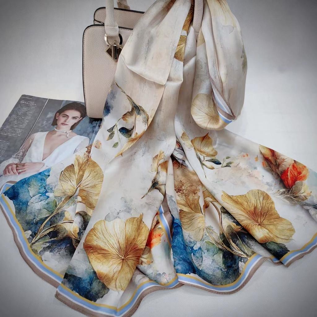 Hochwertiger 100% Seiden Schal Tuch Hijab Wickeltuch Damen Blumig Frühling Sommer Strand Seiden Schals