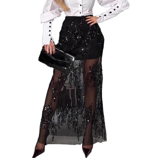 Women Skirt Elastic High Waist Solid Color Shiny Sequin Decoration Slimming Leg Shape Maxi Skirt Party Date Skirt Daily Wear