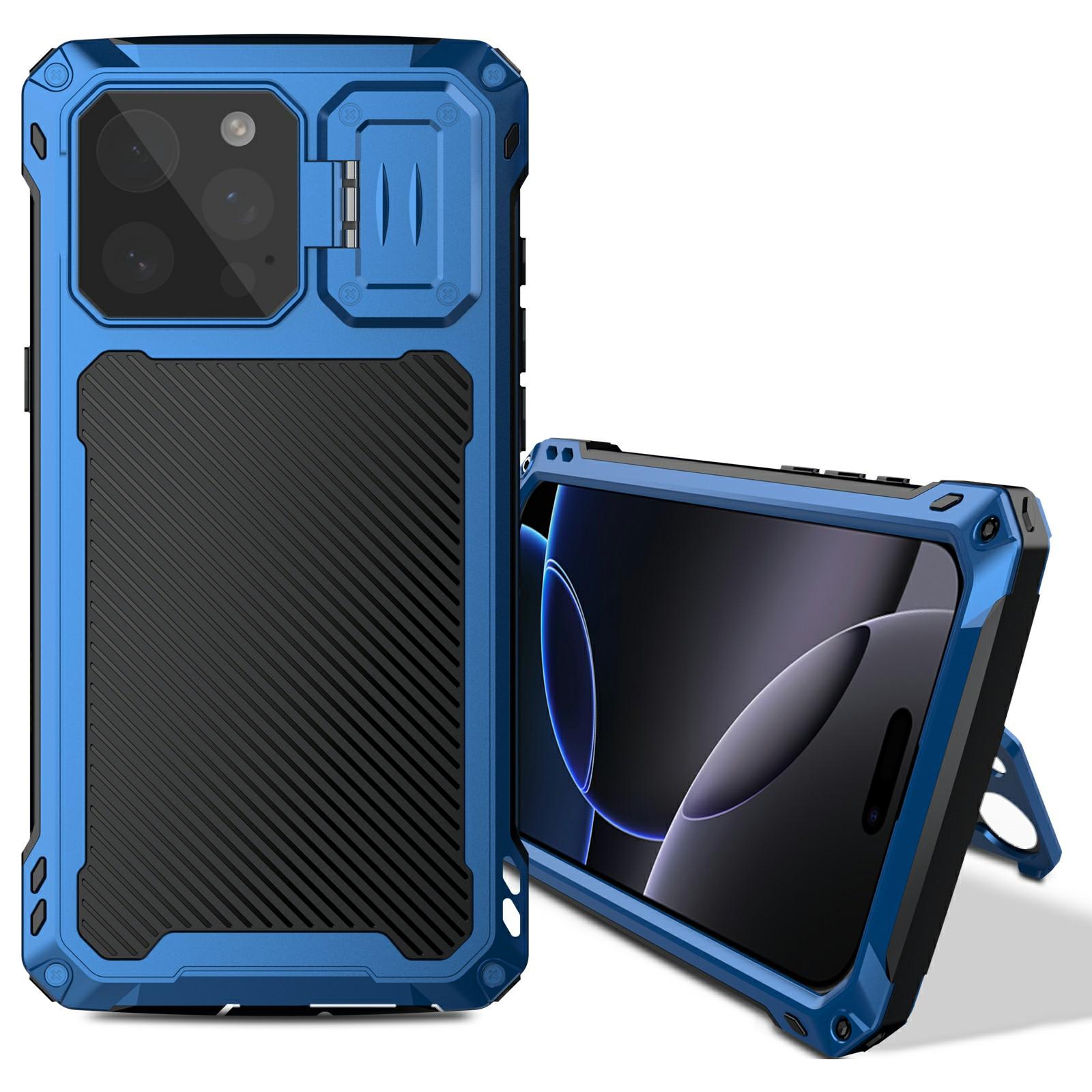 

For iPhone 16 Pro Case Aluminum Alloy+Silicone Lens Kickstand Phone Cover with Tempered Glass Film Blue