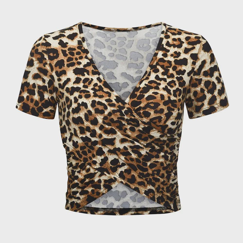2020 Summer V-neck Slim Fit Leopard & Snake Print Crop Top T-shirt for Women