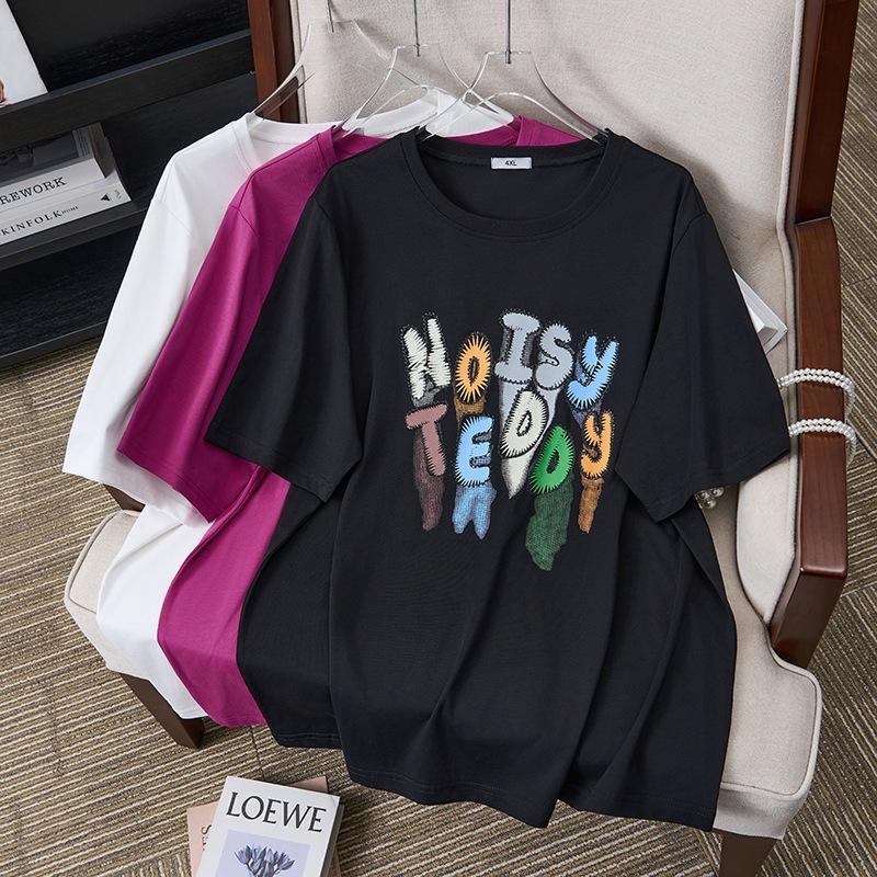 Plus Size Women Round Neck Short Sleeve T-Shirt Colorful Letter Print Loose Casual Summer Tee 3XL-7XL
