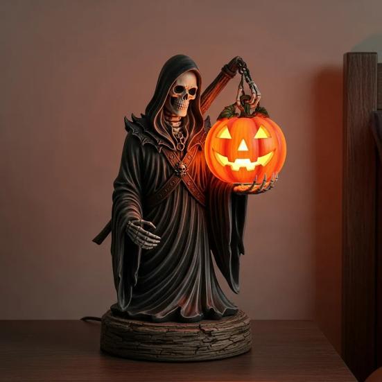 Pumpkin Night Light Halloween Horror Skeleton Ghost Witch Pumpkin Lantern Resin LED Tabletop Lamp for Gothic Room Desk Decorr
