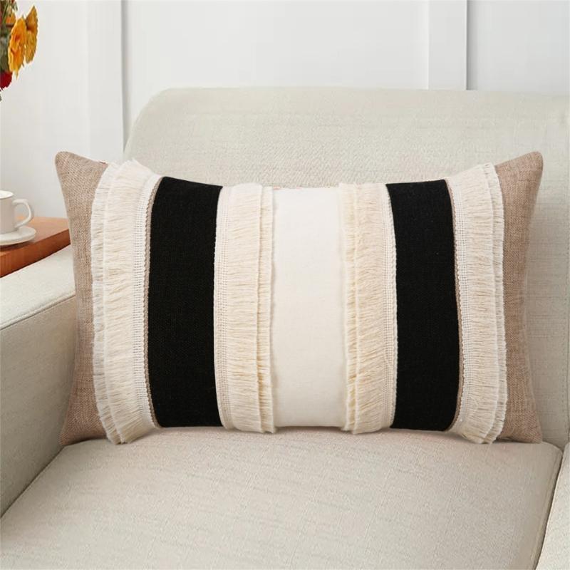 2Pcs Farmhouses Throw Pillow Cover Set, Patchwork Polyester Rectangular Shape With Fringe, 30 X 50 Cm Lumbar Cushion Covers for Home Decors
