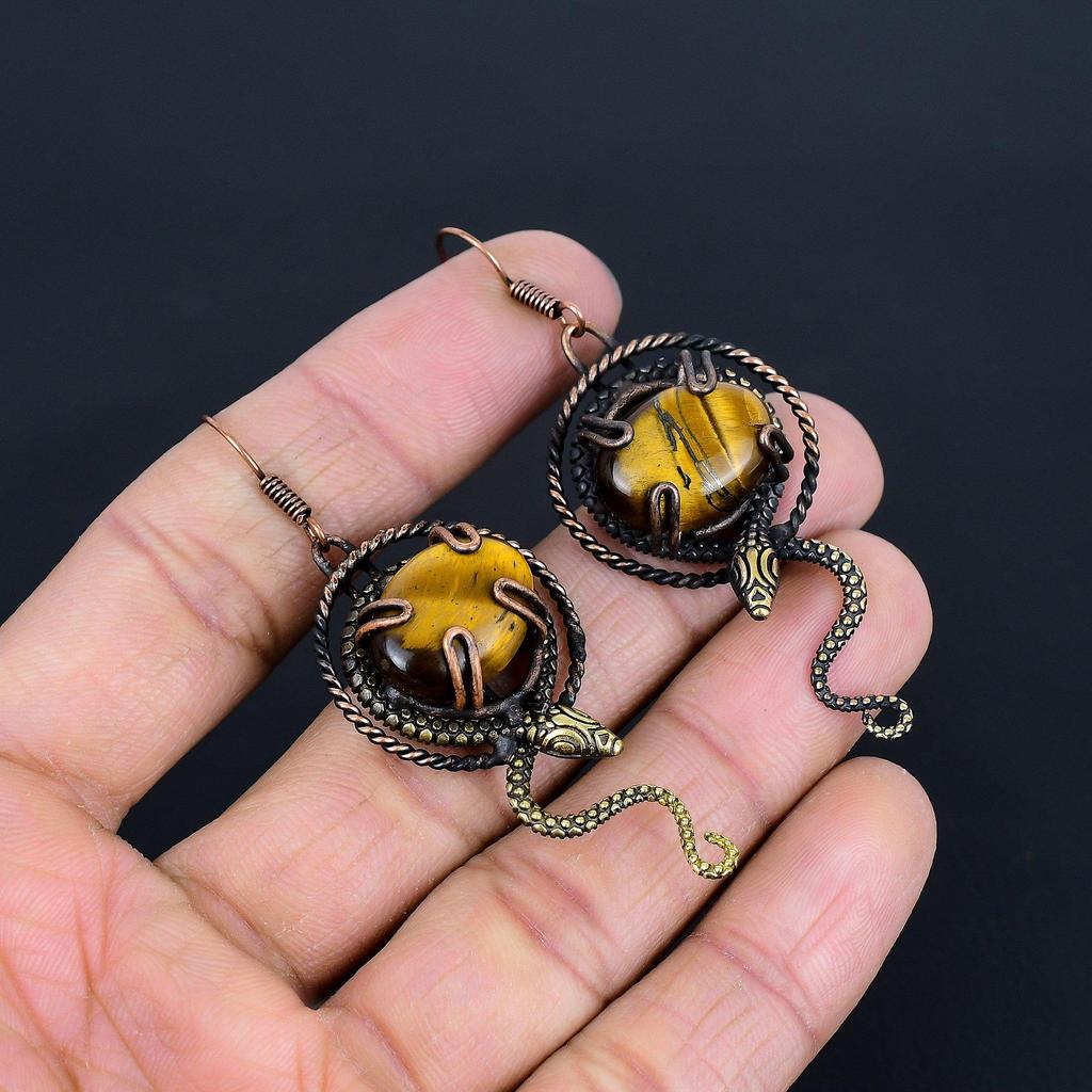 Tiger's Eye 999 Copper Wire Wrapped Earrings, Handmade Gemstone Earrings, Gift For Mom Antique Jewelry
