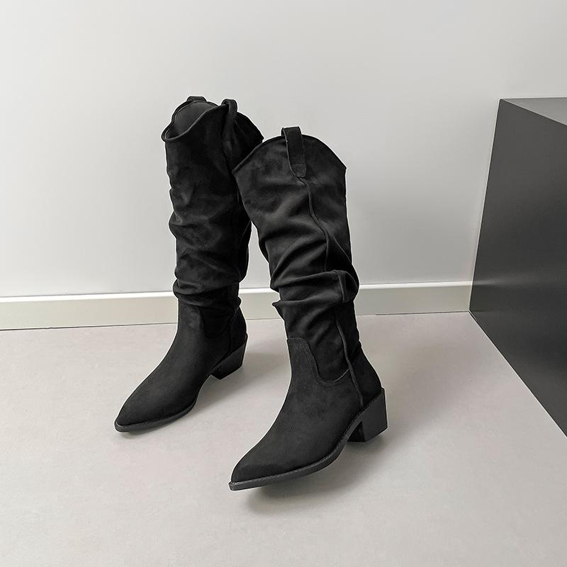 Cow Velvet~ Small Slim Stacking Boots Thick Heel High Tube Western Cowboy Boots Soft Sole High Heel V Port Long Boots Women